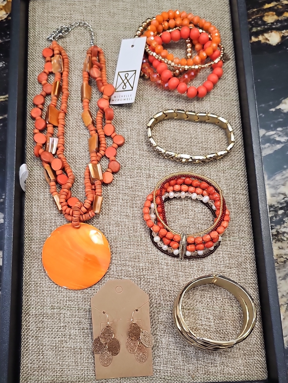 🍊 Orange Multi-Strand Pendant Necklace, Bracelet and Earring Set